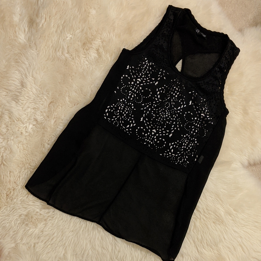 Sleeveless laser cutout crop front sheer back top